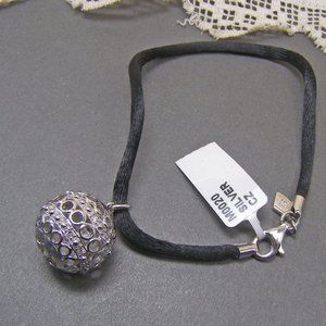 Sterling Silver Large Bohemian Filigree CZ Bead Ball Charm Black Cord Bracelet